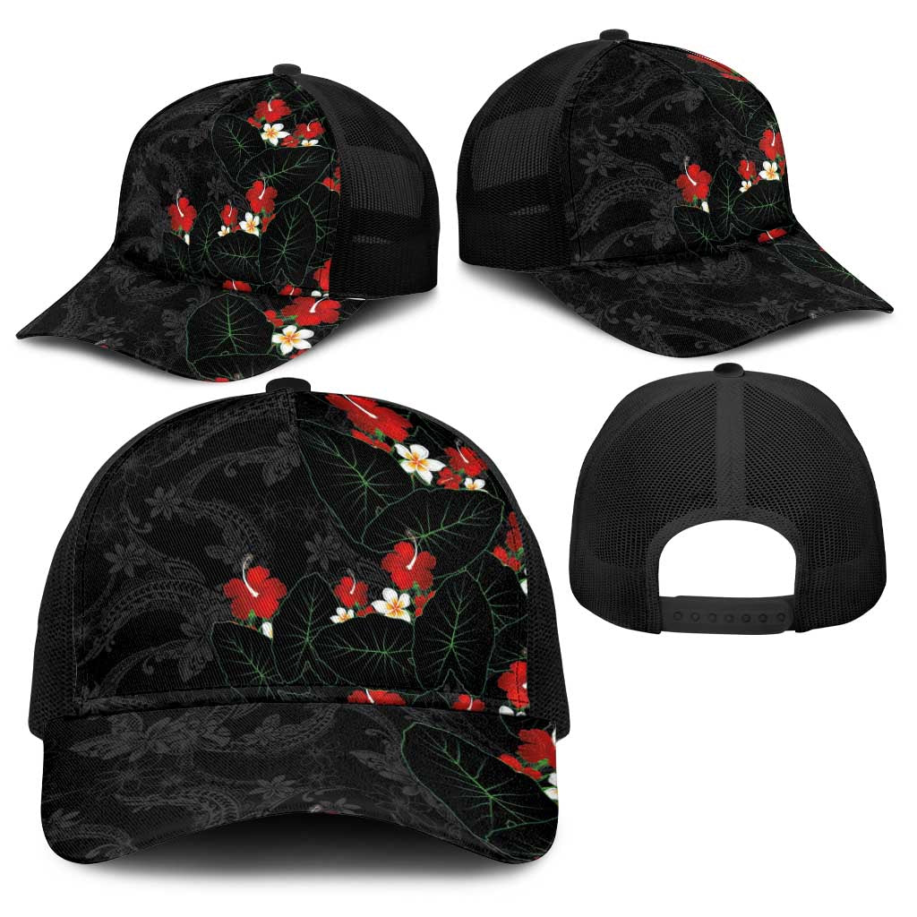 Hawaiian Taro Leaves-Hibiscus and Plumeria Baseball Net Cap Floral Tribal Tattoo Motif LT03 - Polynesian Pride
