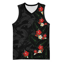 Hawaiian Taro Leaves-Hibiscus and Plumeria Basketball Jersey Floral Tribal Tattoo Motif LT03 Unisex Black - Polynesian Pride