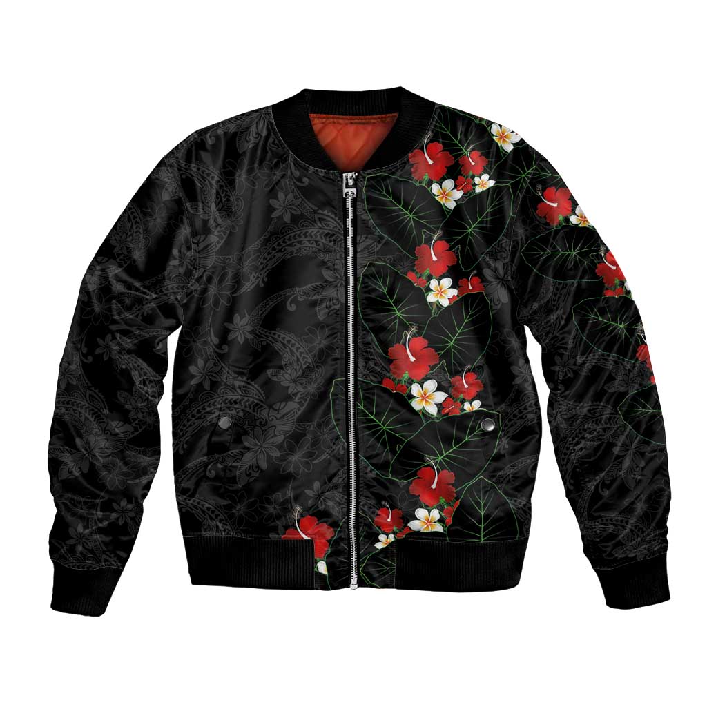 Hawaiian Taro Leaves-Hibiscus and Plumeria Bomber Jacket Floral Tribal Tattoo Motif LT03 Unisex Black - Polynesian Pride