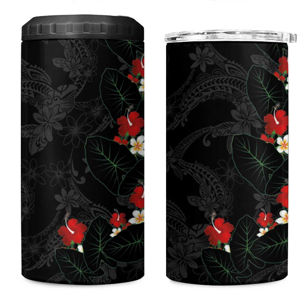 Hawaiian Taro Leaves-Hibiscus and Plumeria 4 in 1 Can Cooler Tumbler Floral Tribal Tattoo Motif
