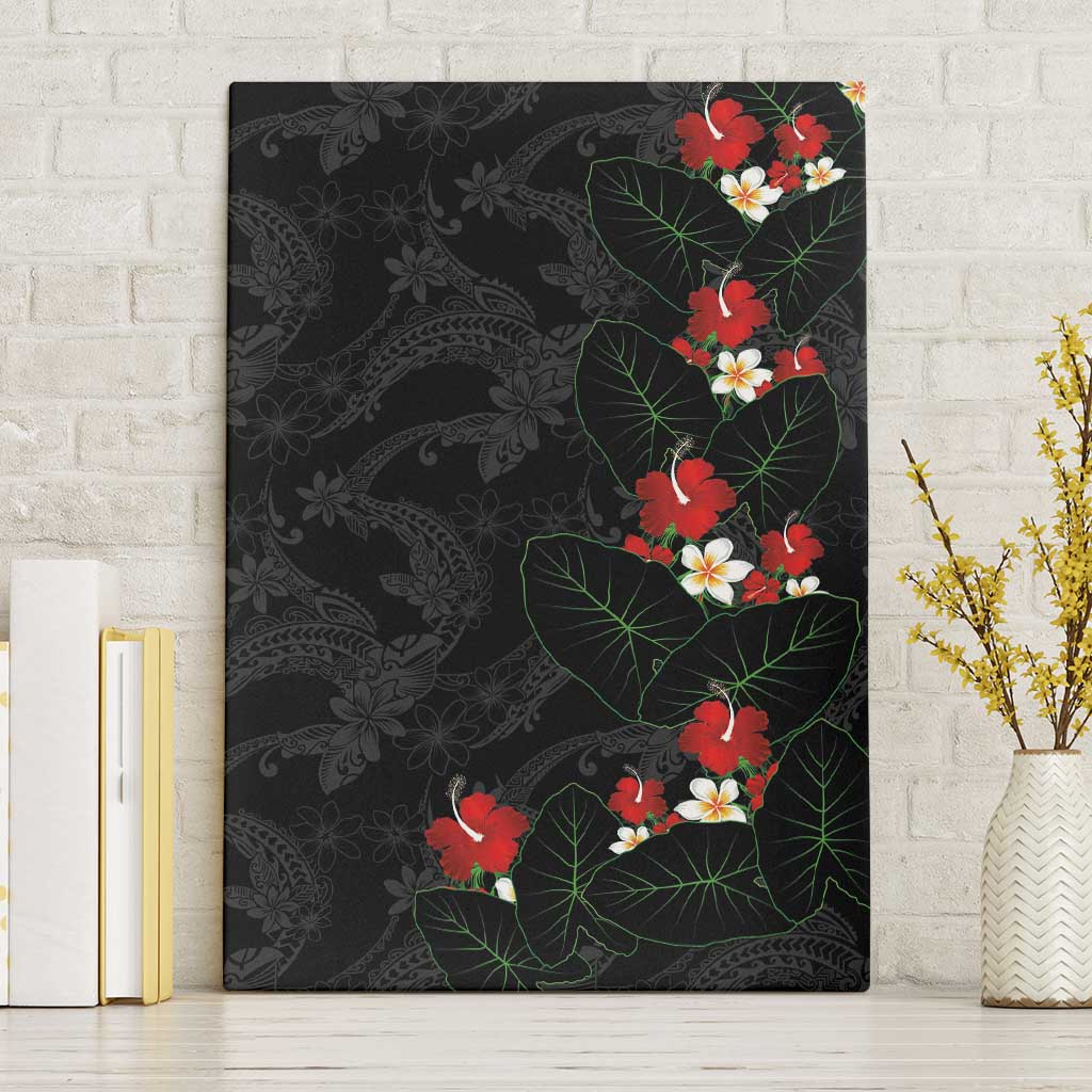 Hawaiian Taro Leaves-Hibiscus and Plumeria Canvas Wall Art Floral Tribal Tattoo Motif LT03 Without Frame Black - Polynesian Pride