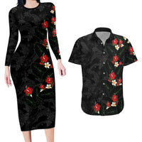 Hawaiian Taro Leaves-Hibiscus and Plumeria Couples Matching Long Sleeve Bodycon Dress and Hawaiian Shirt Floral Tribal Tattoo Motif LT03 Black - Polynesian Pride