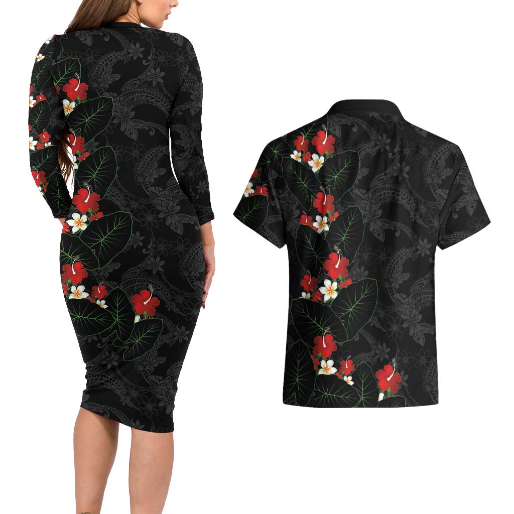 Hawaiian Taro Leaves-Hibiscus and Plumeria Couples Matching Long Sleeve Bodycon Dress and Hawaiian Shirt Floral Tribal Tattoo Motif LT03 - Polynesian Pride