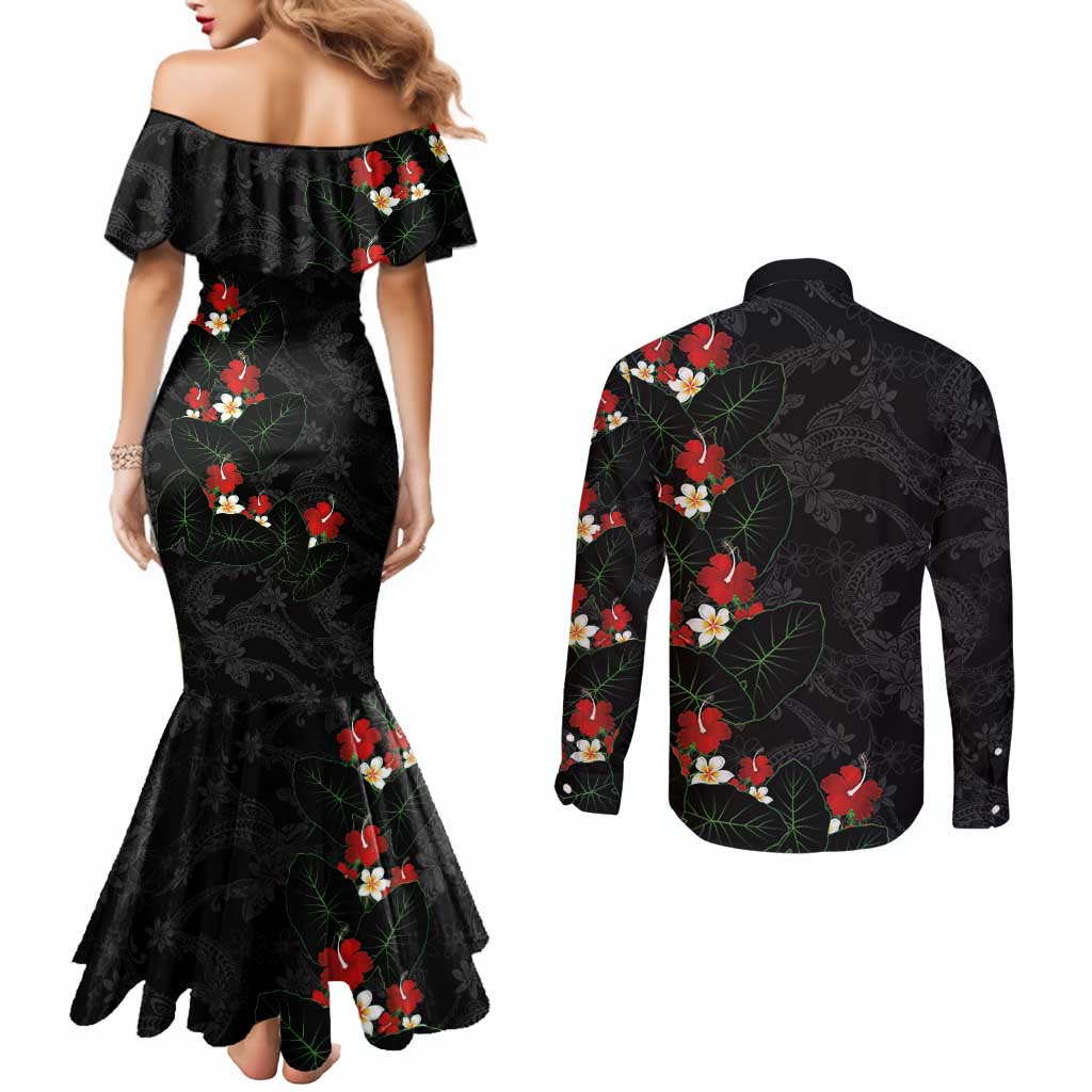 Hawaiian Taro Leaves-Hibiscus and Plumeria Couples Matching Mermaid Dress and Long Sleeve Button Shirt Floral Tribal Tattoo Motif LT03 - Polynesian Pride