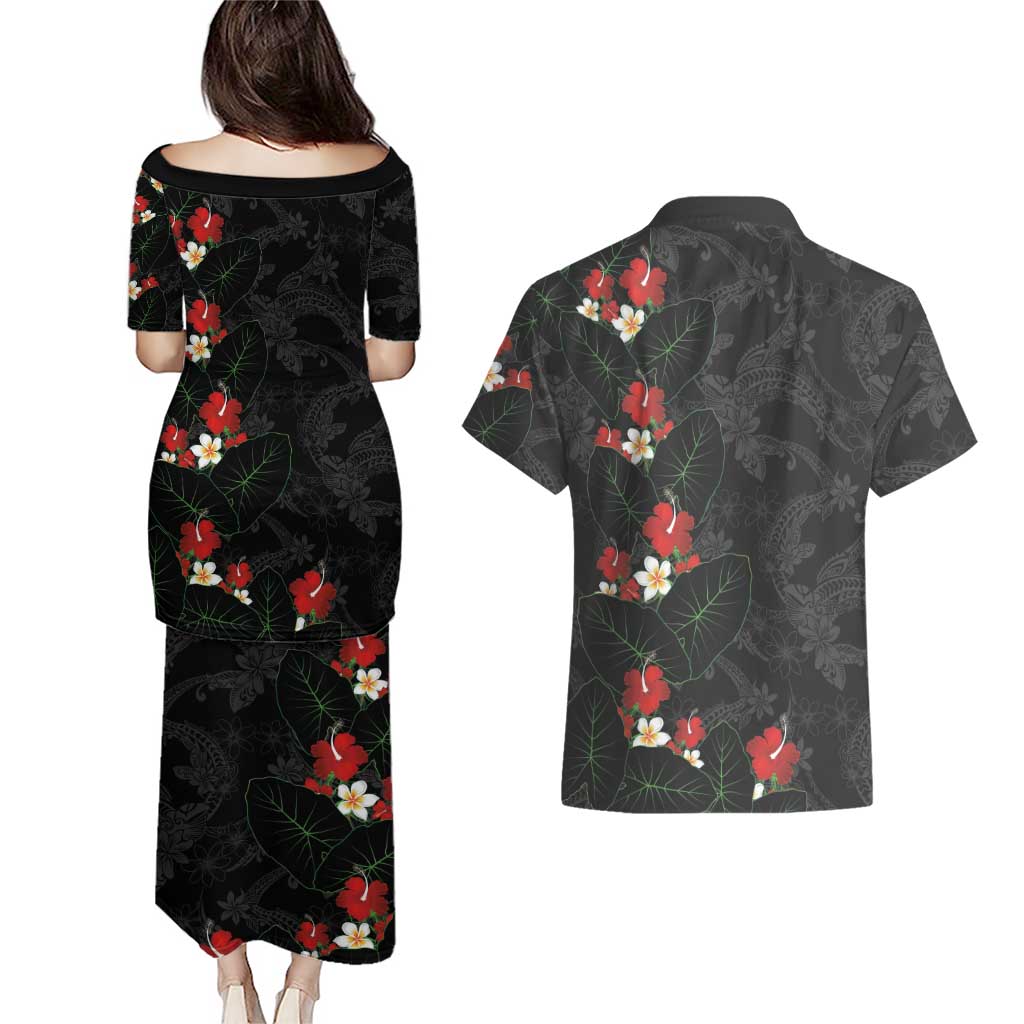 Hawaiian Taro Leaves-Hibiscus and Plumeria Couples Matching Puletasi and Hawaiian Shirt Floral Tribal Tattoo Motif LT03 - Polynesian Pride