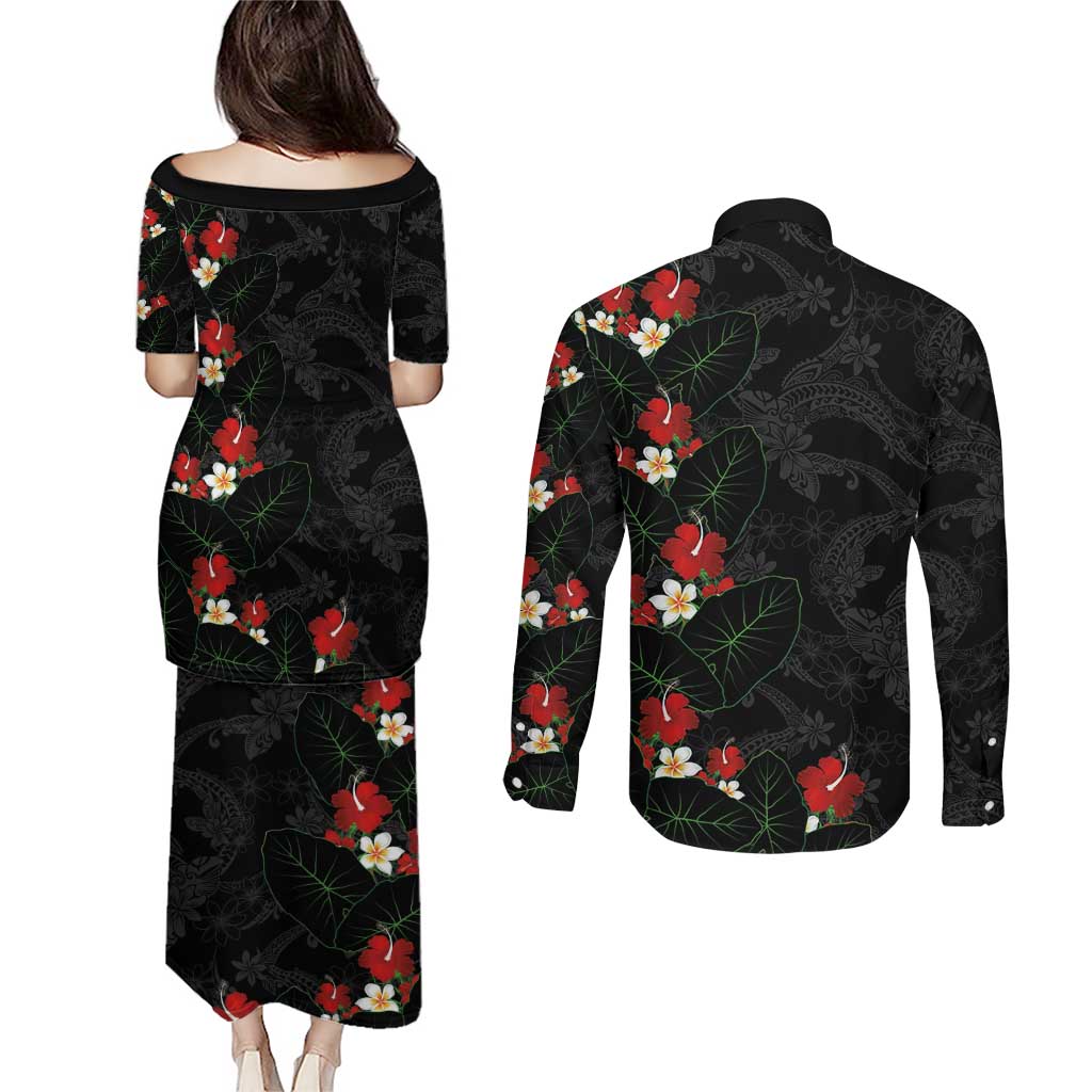 Hawaiian Taro Leaves-Hibiscus and Plumeria Couples Matching Puletasi and Long Sleeve Button Shirt Floral Tribal Tattoo Motif LT03 - Polynesian Pride