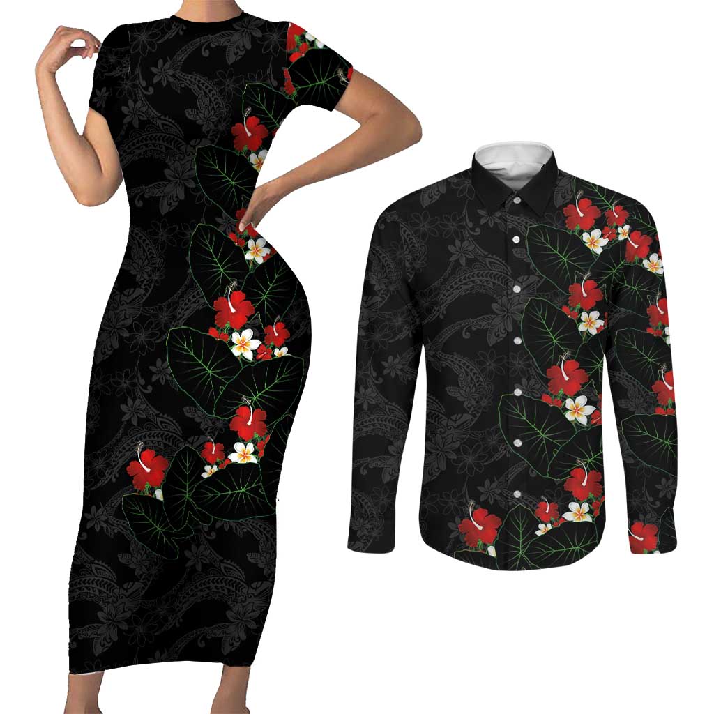 Hawaiian Taro Leaves-Hibiscus and Plumeria Couples Matching Short Sleeve Bodycon Dress and Long Sleeve Button Shirt Floral Tribal Tattoo Motif LT03 Black - Polynesian Pride