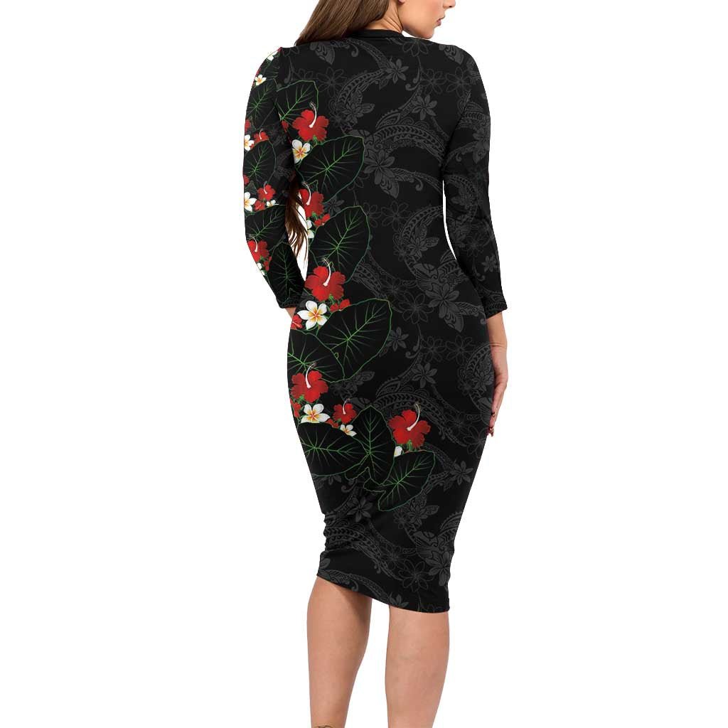 Hawaiian Taro Leaves-Hibiscus and Plumeria Family Matching Long Sleeve Bodycon Dress and Hawaiian Shirt Floral Tribal Tattoo Motif LT03 - Polynesian Pride