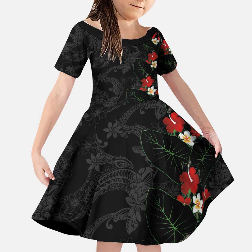 Hawaiian Taro Leaves-Hibiscus and Plumeria Family Matching Off The Shoulder Long Sleeve Dress and Hawaiian Shirt Floral Tribal Tattoo Motif LT03 Daughter's Dress Black - Polynesian Pride
