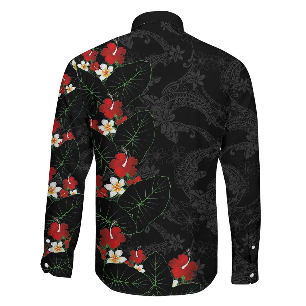 Hawaiian Taro Leaves-Hibiscus and Plumeria Family Matching Off The Shoulder Long Sleeve Dress and Hawaiian Shirt Floral Tribal Tattoo Motif LT03 - Polynesian Pride