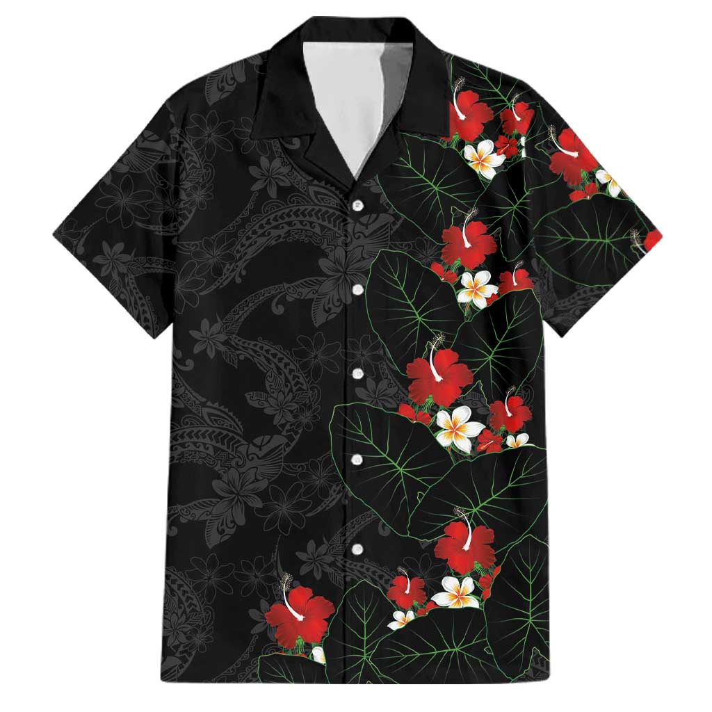 Hawaiian Taro Leaves-Hibiscus and Plumeria Family Matching Off Shoulder Maxi Dress and Hawaiian Shirt Floral Tribal Tattoo Motif LT03 Dad's Shirt - Short Sleeve Black - Polynesian Pride