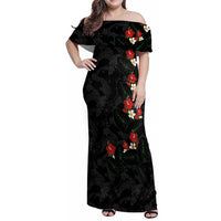 Hawaiian Taro Leaves-Hibiscus and Plumeria Family Matching Off Shoulder Maxi Dress and Hawaiian Shirt Floral Tribal Tattoo Motif LT03 Mom's Dress Black - Polynesian Pride