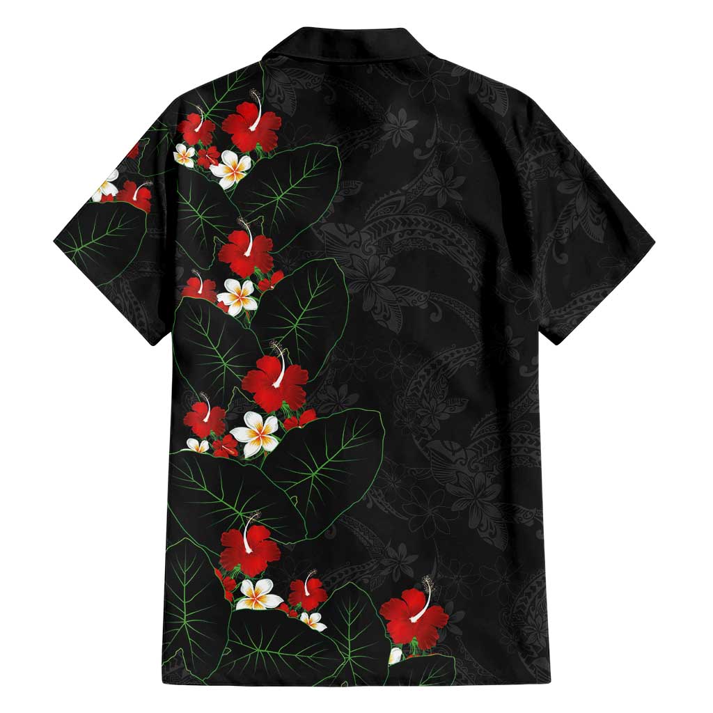 Hawaiian Taro Leaves-Hibiscus and Plumeria Family Matching Off Shoulder Short Dress and Hawaiian Shirt Floral Tribal Tattoo Motif LT03 - Polynesian Pride