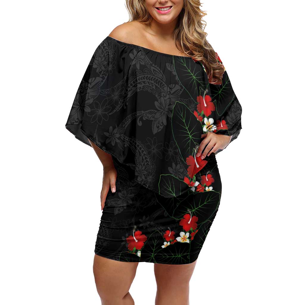 Hawaiian Taro Leaves-Hibiscus and Plumeria Family Matching Off Shoulder Short Dress and Hawaiian Shirt Floral Tribal Tattoo Motif LT03 Mom's Dress Black - Polynesian Pride
