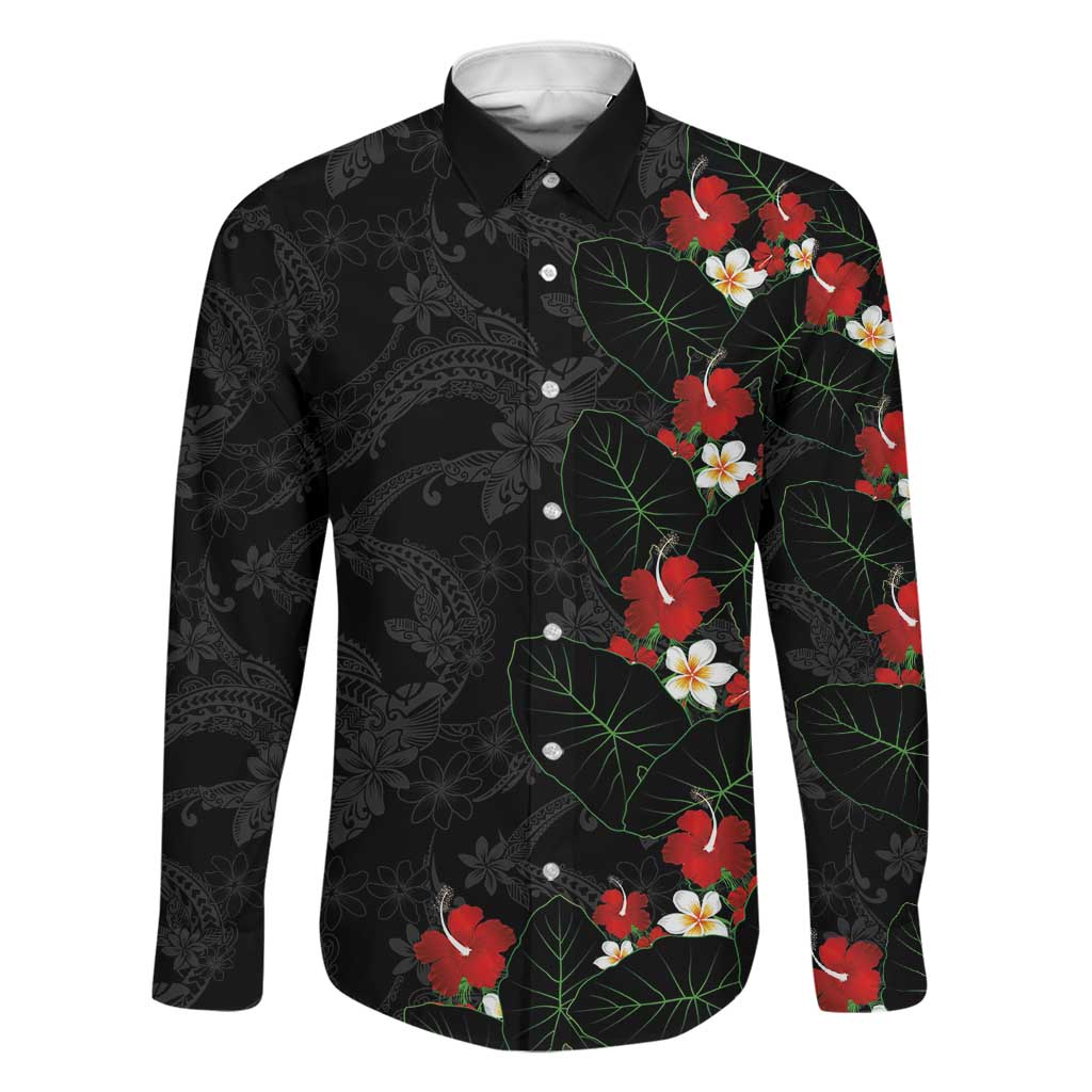 Hawaiian Taro Leaves-Hibiscus and Plumeria Family Matching Short Sleeve Bodycon Dress and Hawaiian Shirt Floral Tribal Tattoo Motif LT03 Dad's Shirt - Long Sleeve Black - Polynesian Pride
