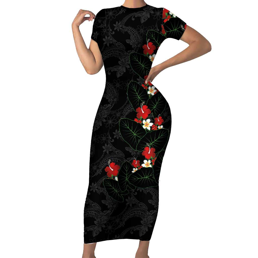 Hawaiian Taro Leaves-Hibiscus and Plumeria Family Matching Short Sleeve Bodycon Dress and Hawaiian Shirt Floral Tribal Tattoo Motif LT03 Mom's Dress Black - Polynesian Pride