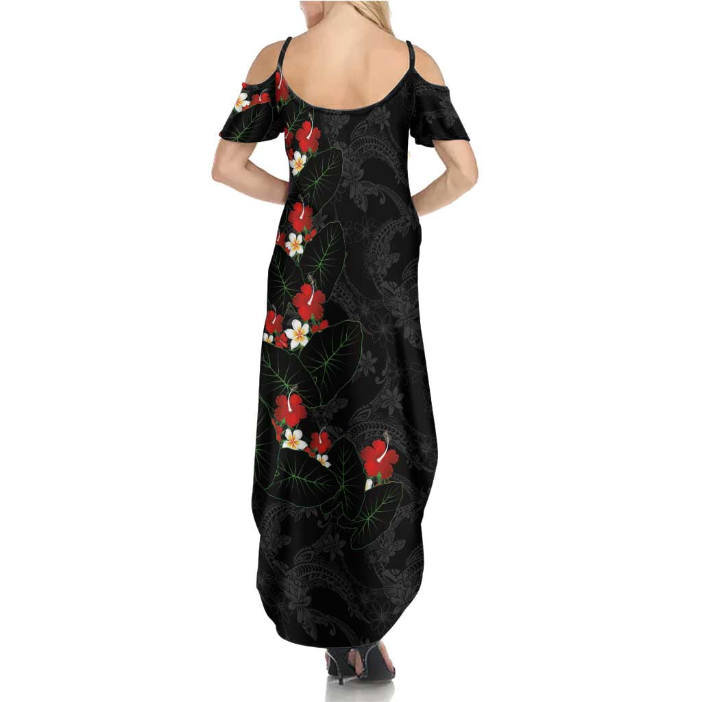 Hawaiian Taro Leaves-Hibiscus and Plumeria Family Matching Summer Maxi Dress and Hawaiian Shirt Floral Tribal Tattoo Motif LT03 - Polynesian Pride