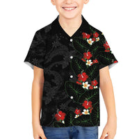 Hawaiian Taro Leaves-Hibiscus and Plumeria Family Matching Summer Maxi Dress and Hawaiian Shirt Floral Tribal Tattoo Motif LT03 Son's Shirt Black - Polynesian Pride