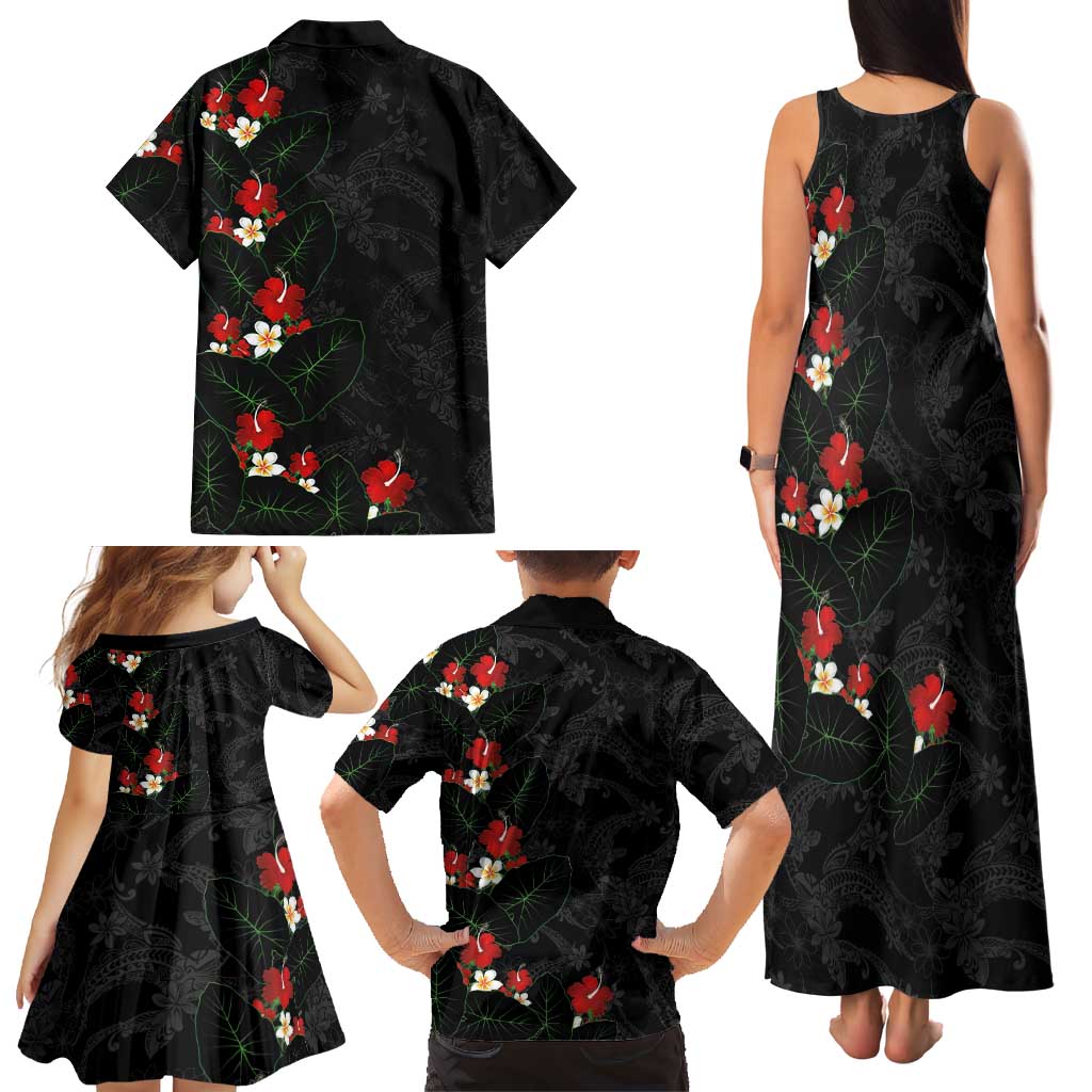 Hawaiian Taro Leaves-Hibiscus and Plumeria Family Matching Tank Maxi Dress and Hawaiian Shirt Floral Tribal Tattoo Motif LT03 - Polynesian Pride
