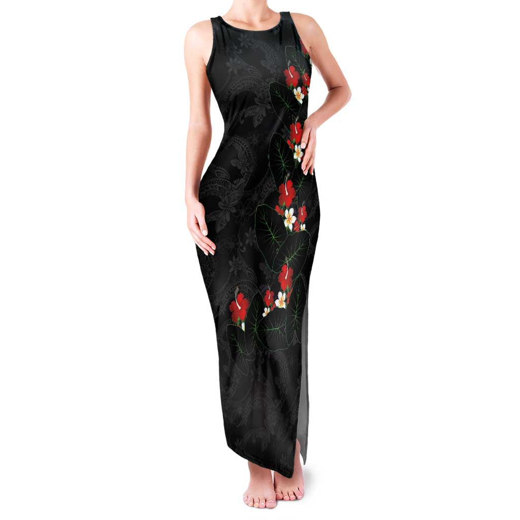 Hawaiian Taro Leaves-Hibiscus and Plumeria Family Matching Tank Maxi Dress and Hawaiian Shirt Floral Tribal Tattoo Motif LT03 Mom's Dress Black - Polynesian Pride