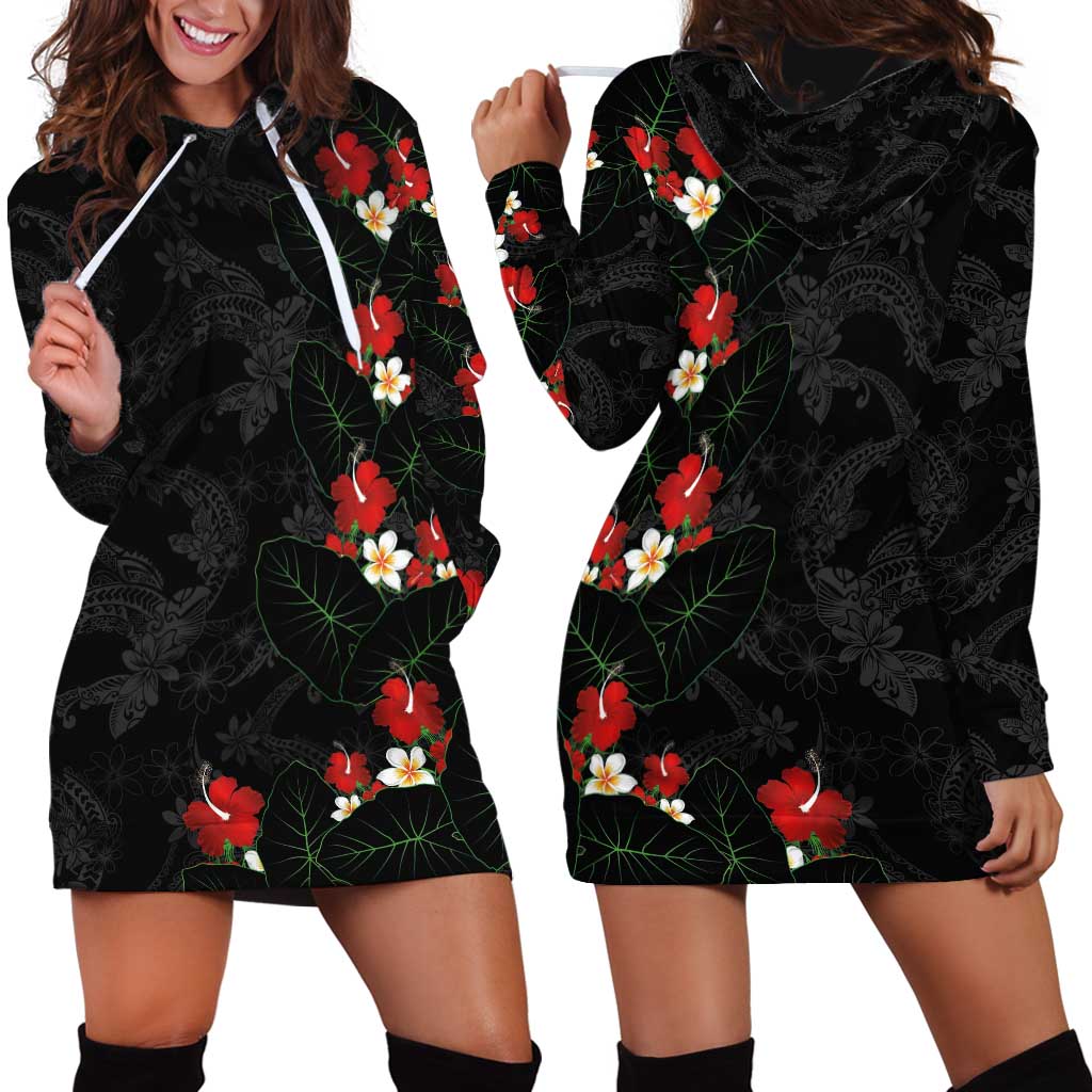 Hawaiian Taro Leaves-Hibiscus and Plumeria Hoodie Dress Floral Tribal Tattoo Motif LT03 - Polynesian Pride