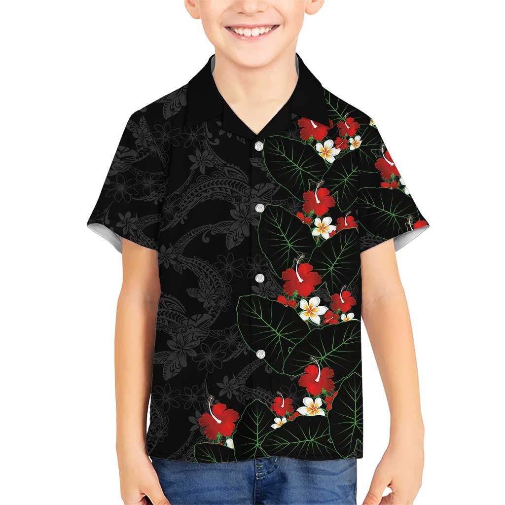 Hawaiian Taro Leaves-Hibiscus and Plumeria Kid Hawaiian Shirt Floral Tribal Tattoo Motif LT03 Kid Black - Polynesian Pride