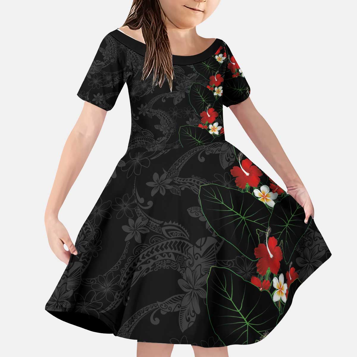 Hawaiian Taro Leaves-Hibiscus and Plumeria Kid Short Sleeve Dress Floral Tribal Tattoo Motif LT03 KID Black - Polynesian Pride