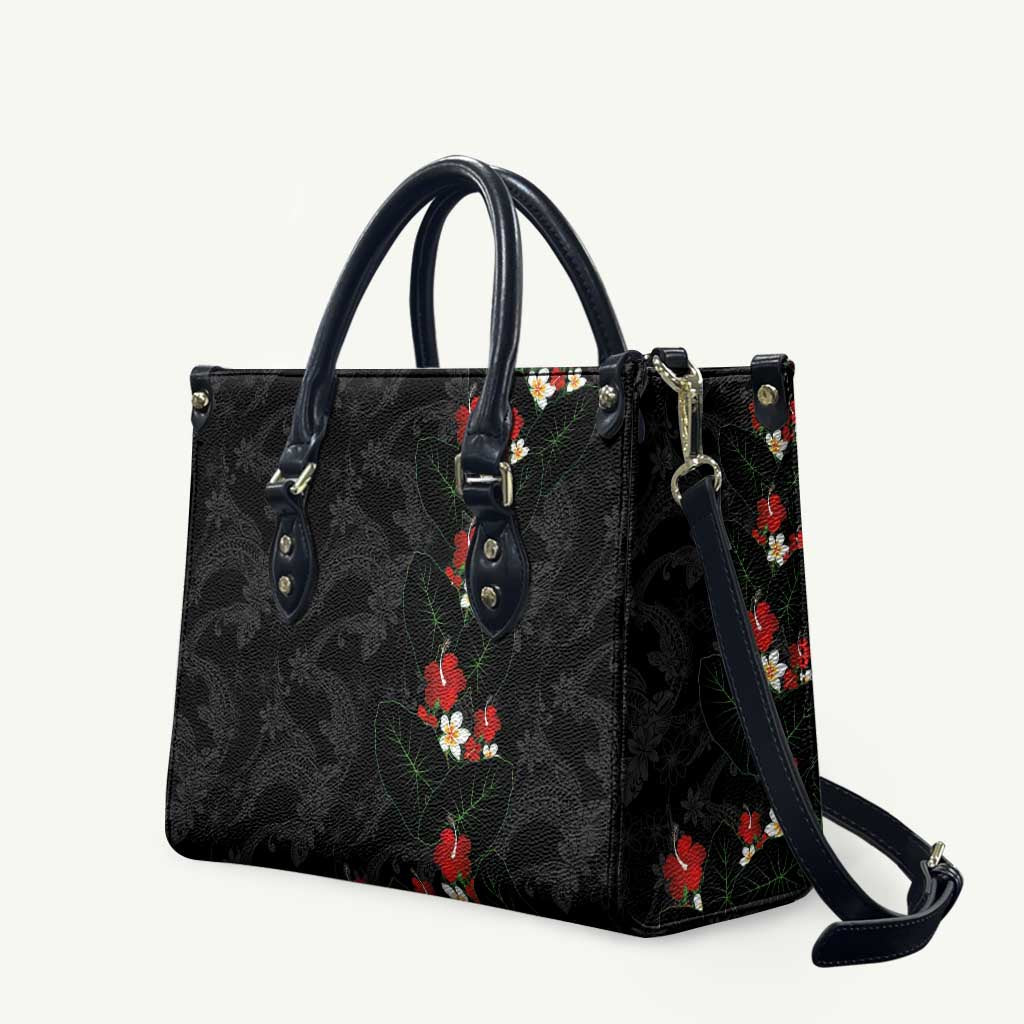 Hawaiian Taro Leaves-Hibiscus and Plumeria Leather Bag Floral Tribal Tattoo Motif LT03 Black - Polynesian Pride