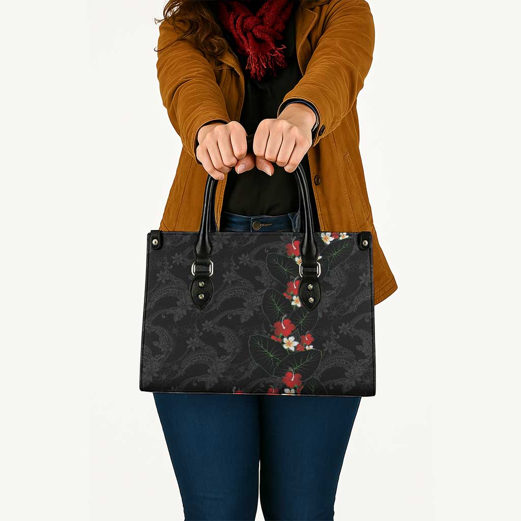Hawaiian Taro Leaves-Hibiscus and Plumeria Leather Bag Floral Tribal Tattoo Motif LT03 - Polynesian Pride