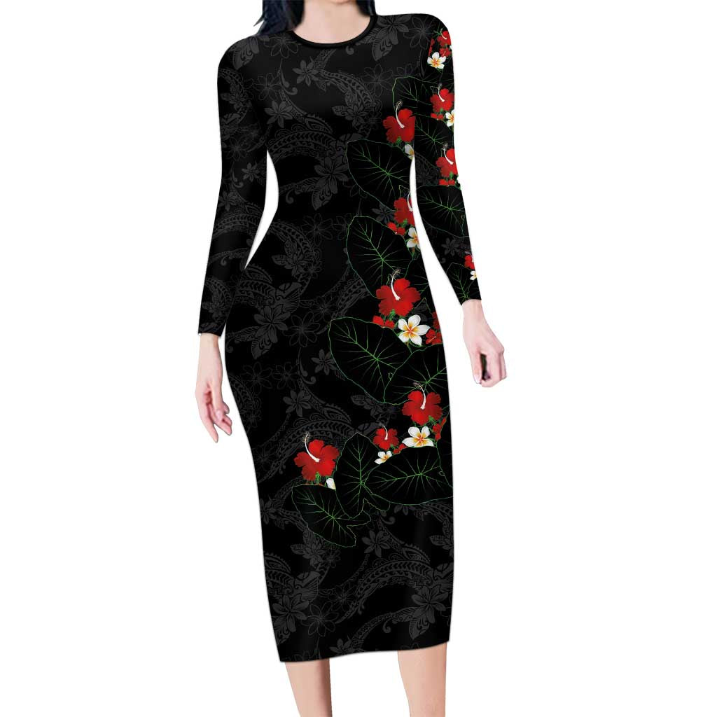 Hawaiian Taro Leaves-Hibiscus and Plumeria Long Sleeve Bodycon Dress Floral Tribal Tattoo Motif