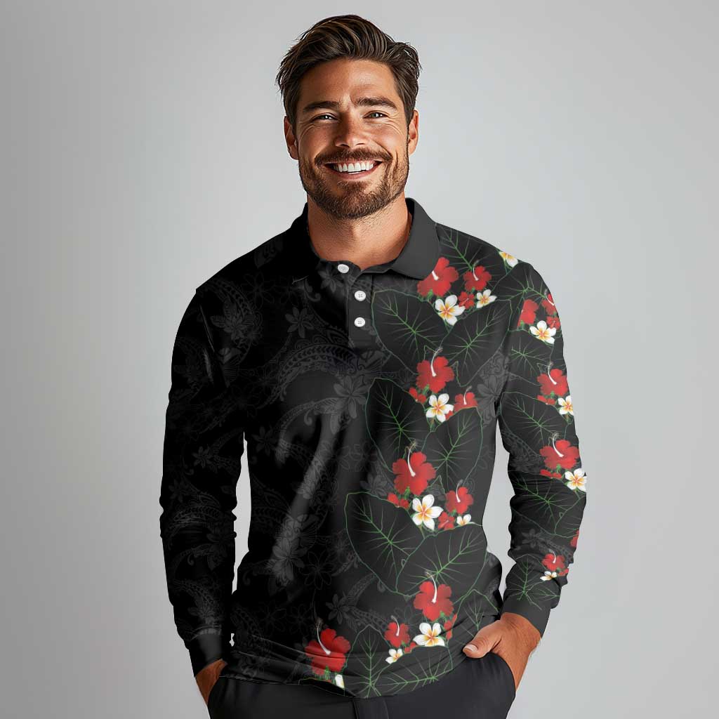 Hawaiian Taro Leaves-Hibiscus and Plumeria Long Sleeve Polo Shirt Floral Tribal Tattoo Motif LT03 - Polynesian Pride