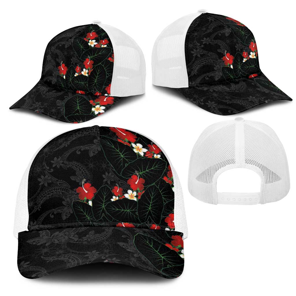 Hawaiian Taro Leaves-Hibiscus and Plumeria Mesh Trucker Cap Floral Tribal Tattoo Motif LT03 - Polynesian Pride