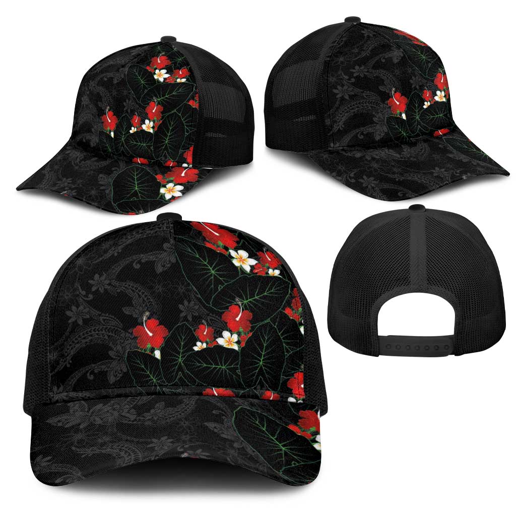 Hawaiian Taro Leaves-Hibiscus and Plumeria Mesh Trucker Cap Floral Tribal Tattoo Motif LT03 - Polynesian Pride