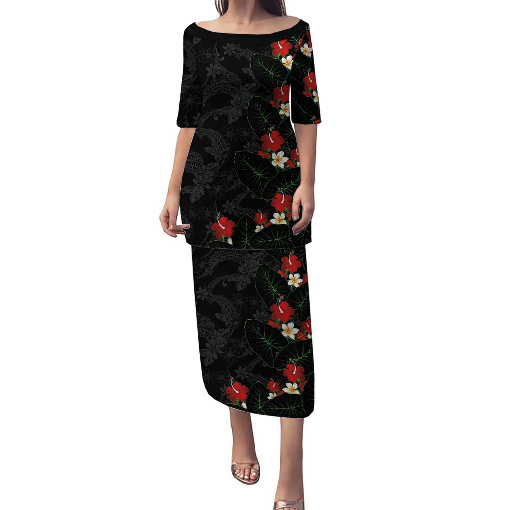 Hawaiian Taro Leaves-Hibiscus and Plumeria Puletasi Floral Tribal Tattoo Motif LT03 Long Dress Black - Polynesian Pride