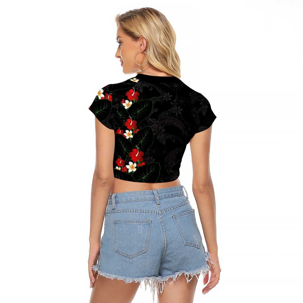 Hawaiian Taro Leaves-Hibiscus and Plumeria Raglan Cropped T Shirt Floral Tribal Tattoo Motif LT03 - Polynesian Pride