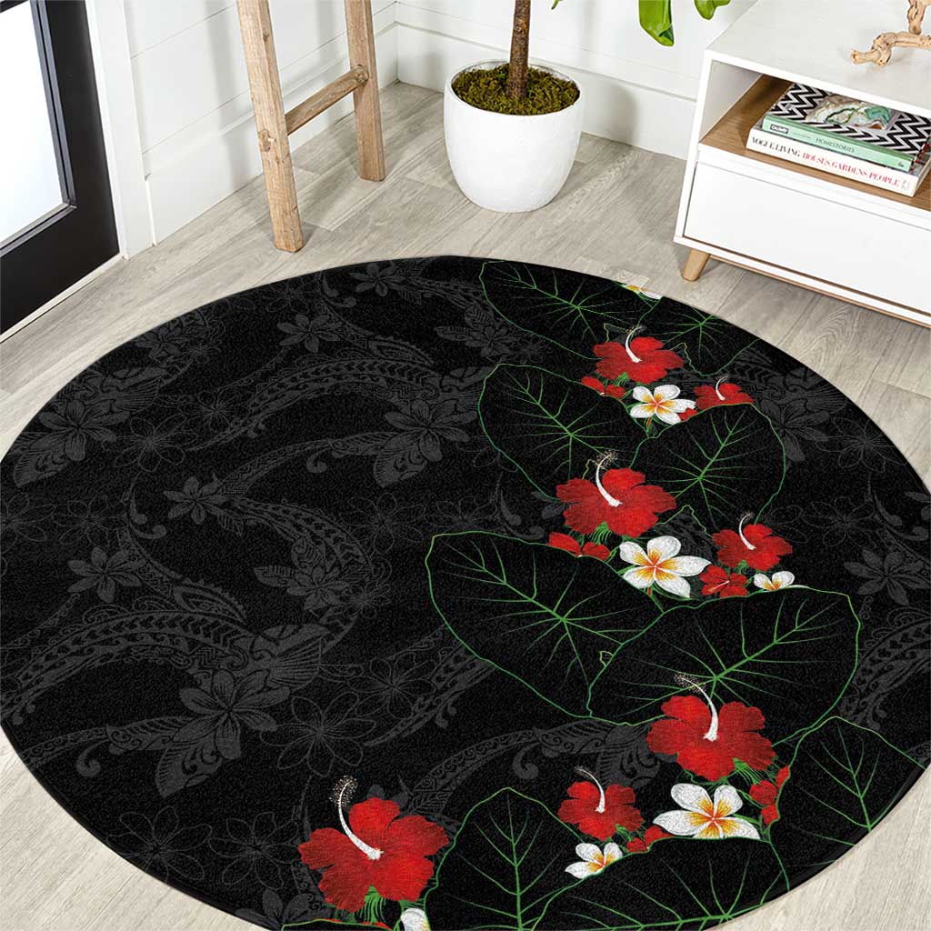 Hawaiian Taro Leaves-Hibiscus and Plumeria Round Carpet Floral Tribal Tattoo Motif LT03 Black - Polynesian Pride