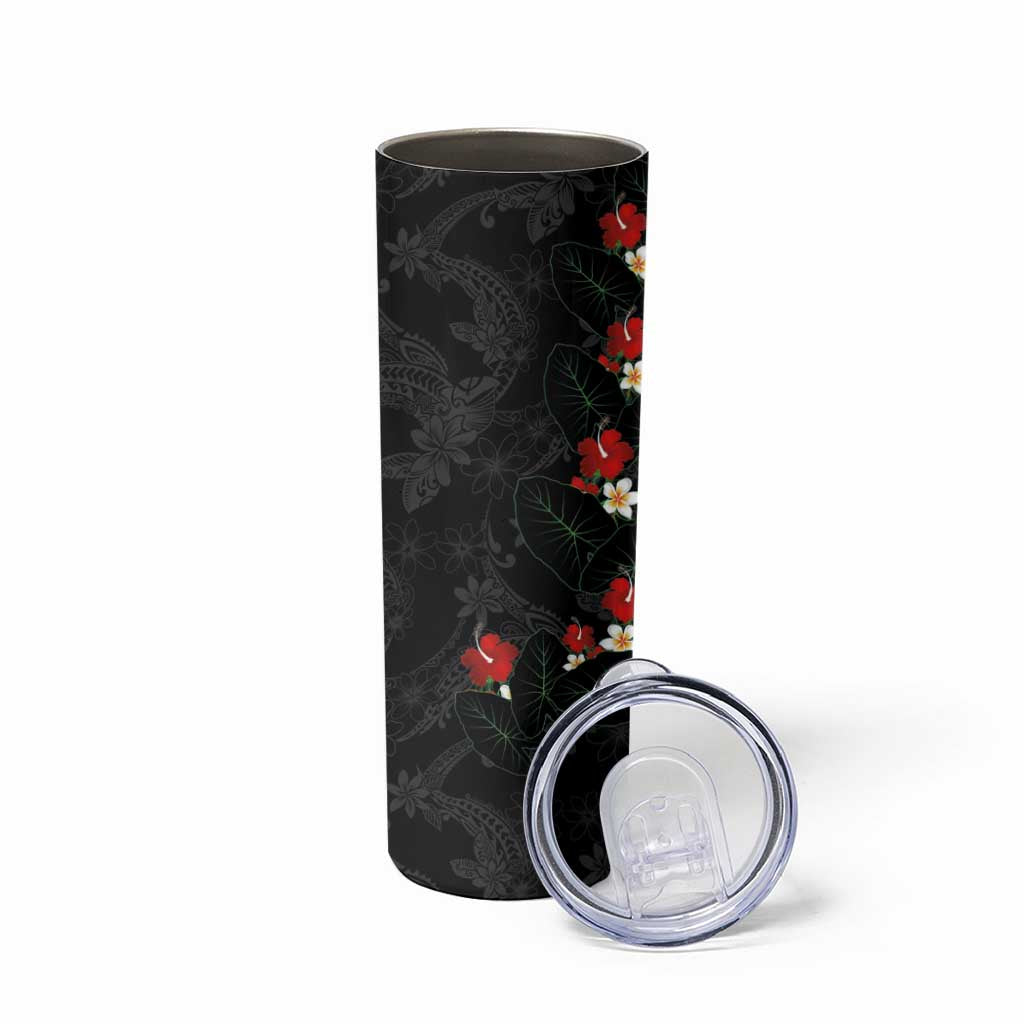 Hawaiian Taro Leaves-Hibiscus and Plumeria Skinny Tumbler Floral Tribal Tattoo Motif LT03 - Polynesian Pride