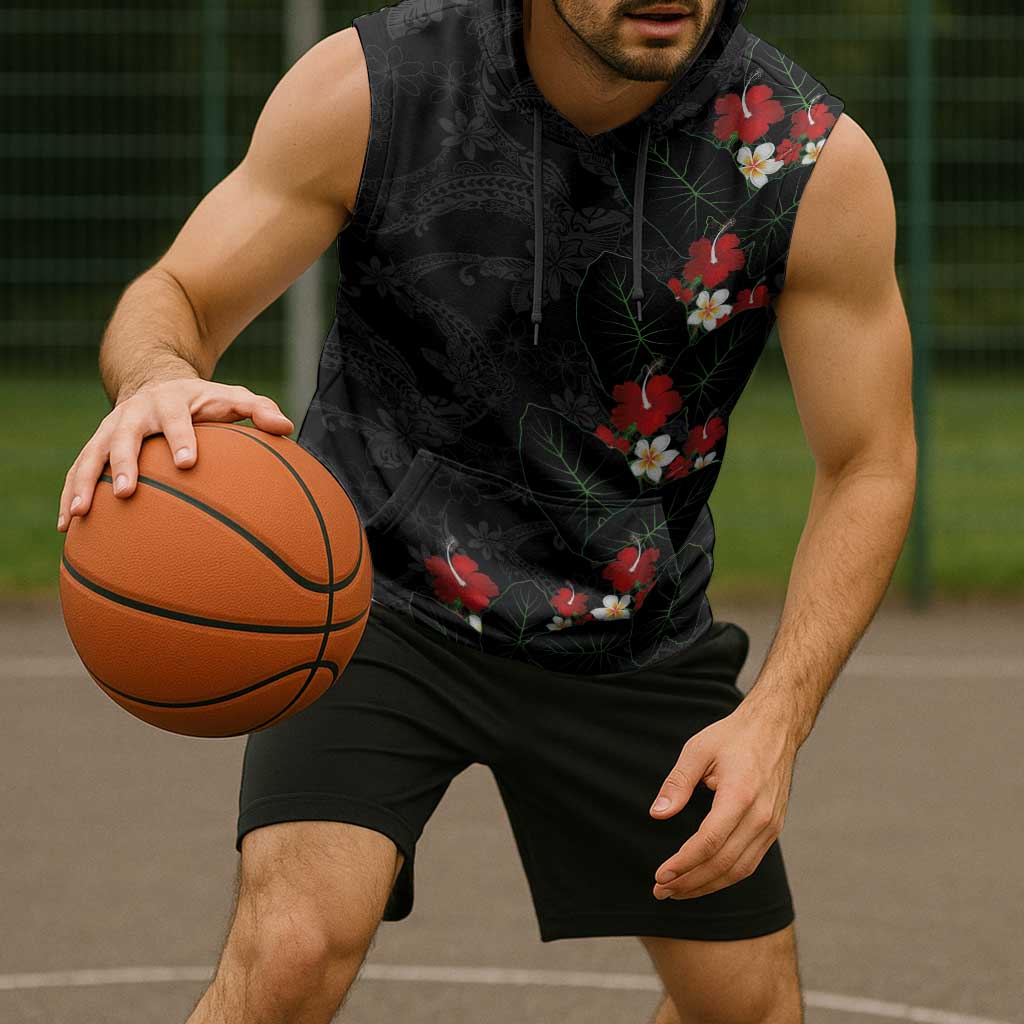 Hawaiian Taro Leaves-Hibiscus and Plumeria Sleeveless Hoodie Floral Tribal Tattoo Motif LT03 - Polynesian Pride