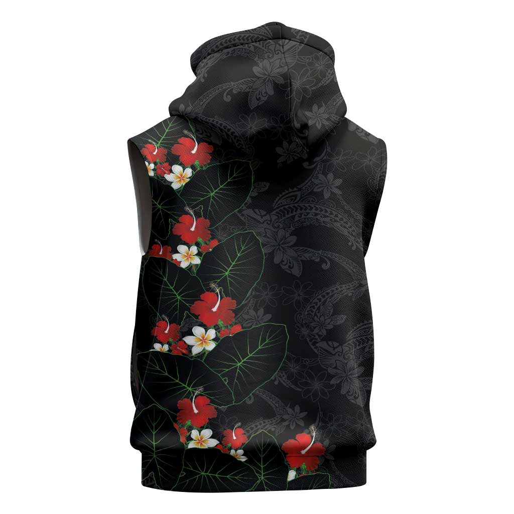 Hawaiian Taro Leaves-Hibiscus and Plumeria Sleeveless Zip Hoodie Floral Tribal Tattoo Motif LT03 - Polynesian Pride