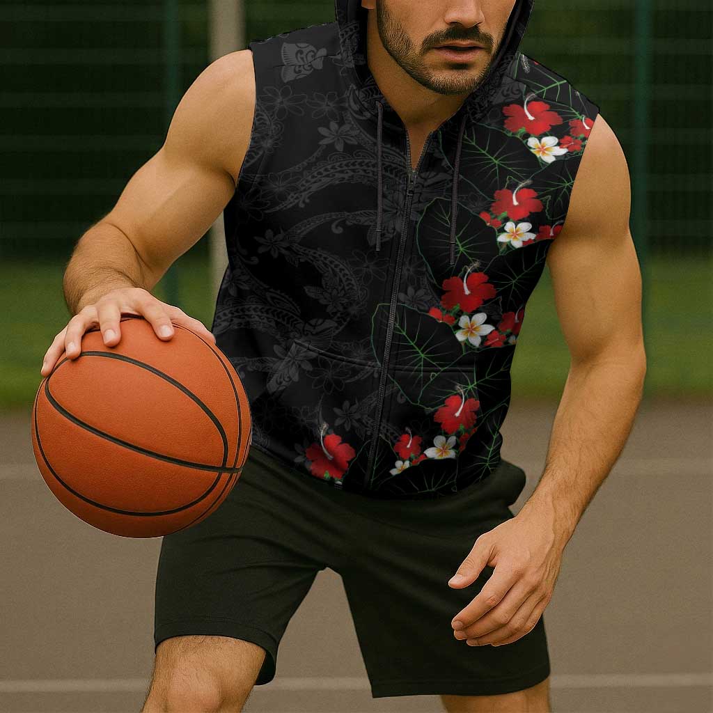 Hawaiian Taro Leaves-Hibiscus and Plumeria Sleeveless Zip Hoodie Floral Tribal Tattoo Motif LT03 - Polynesian Pride