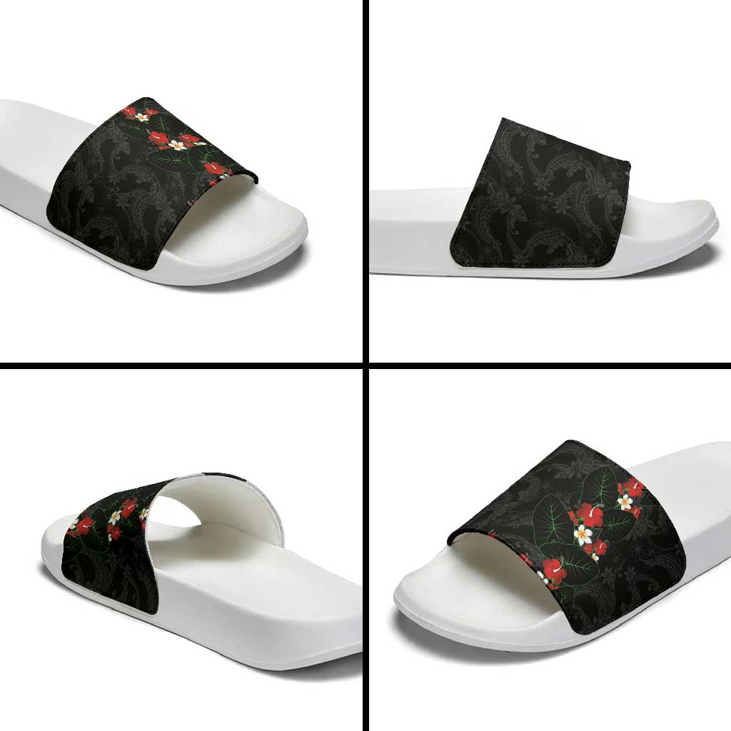 Hawaiian Taro Leaves-Hibiscus and Plumeria Slide Sandals Floral Tribal Tattoo Motif LT03 - Polynesian Pride