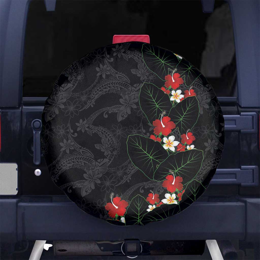 Hawaiian Taro Leaves-Hibiscus and Plumeria Spare Tire Cover Floral Tribal Tattoo Motif