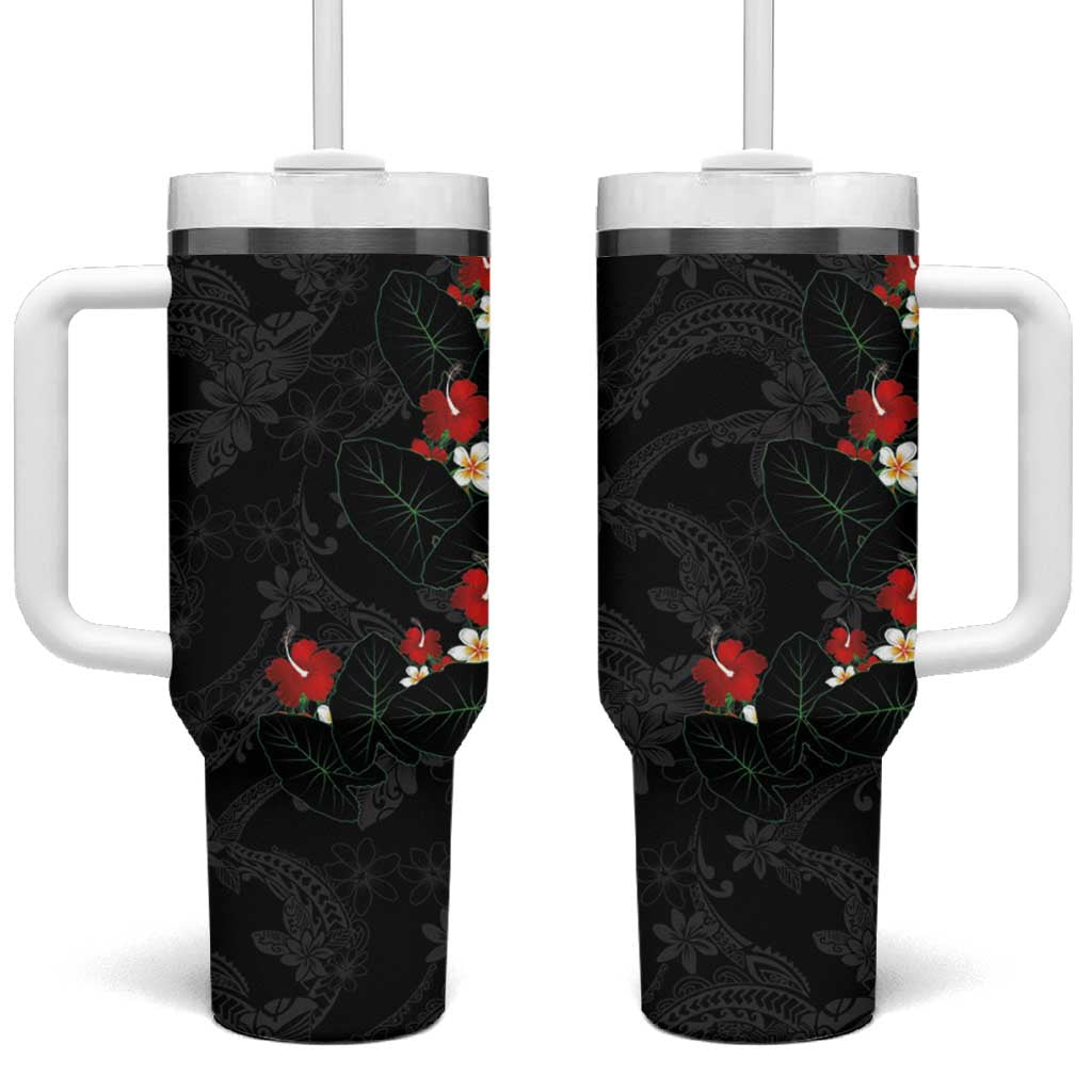 Hawaiian Taro Leaves-Hibiscus and Plumeria Tumbler With Handle Floral Tribal Tattoo Motif