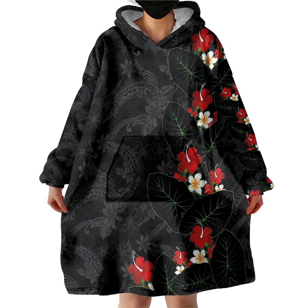 Hawaiian Taro Leaves-Hibiscus and Plumeria Wearable Blanket Hoodie Floral Tribal Tattoo Motif LT03 - Polynesian Pride