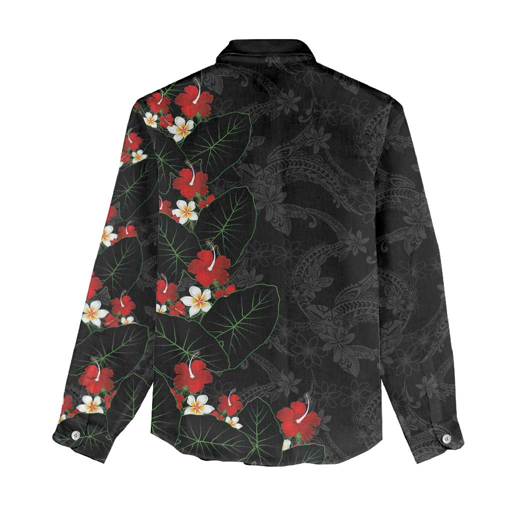 Hawaiian Taro Leaves-Hibiscus and Plumeria Women Casual Shirt Floral Tribal Tattoo Motif LT03 - Polynesian Pride