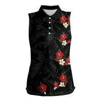 Hawaiian Taro Leaves-Hibiscus and Plumeria Women Sleeveless Polo Shirt Floral Tribal Tattoo Motif LT03 Female Black - Polynesian Pride