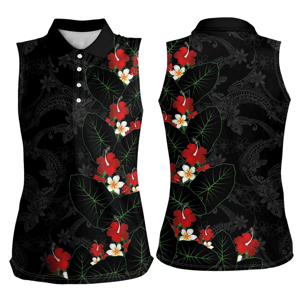 Hawaiian Taro Leaves-Hibiscus and Plumeria Women Sleeveless Polo Shirt Floral Tribal Tattoo Motif LT03 - Polynesian Pride