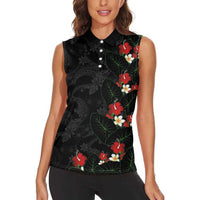 Hawaiian Taro Leaves-Hibiscus and Plumeria Women Sleeveless Polo Shirt Floral Tribal Tattoo Motif LT03 - Polynesian Pride