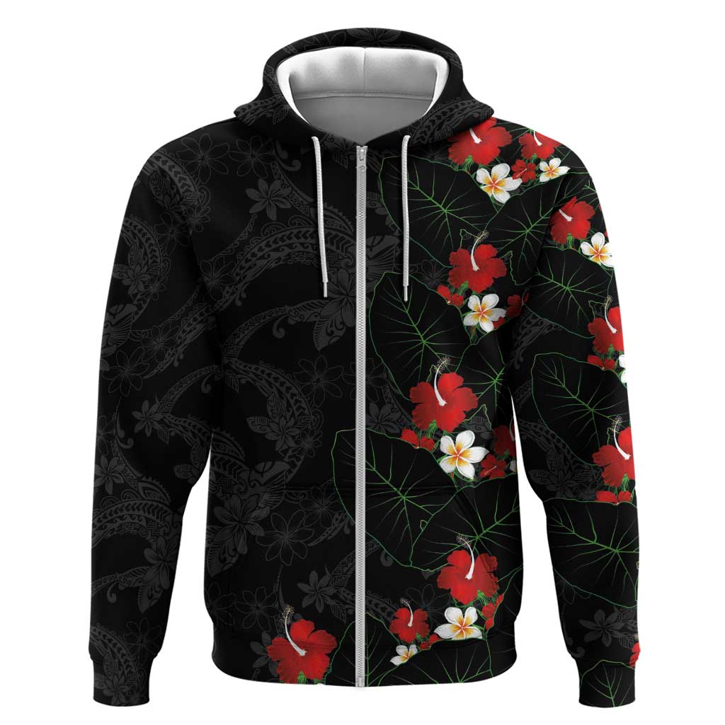 Hawaiian Taro Leaves-Hibiscus and Plumeria Zip Hoodie Floral Tribal Tattoo Motif