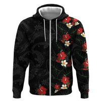 Hawaiian Taro Leaves-Hibiscus and Plumeria Zip Hoodie Floral Tribal Tattoo Motif LT03 Zip Hoodie Black - Polynesian Pride